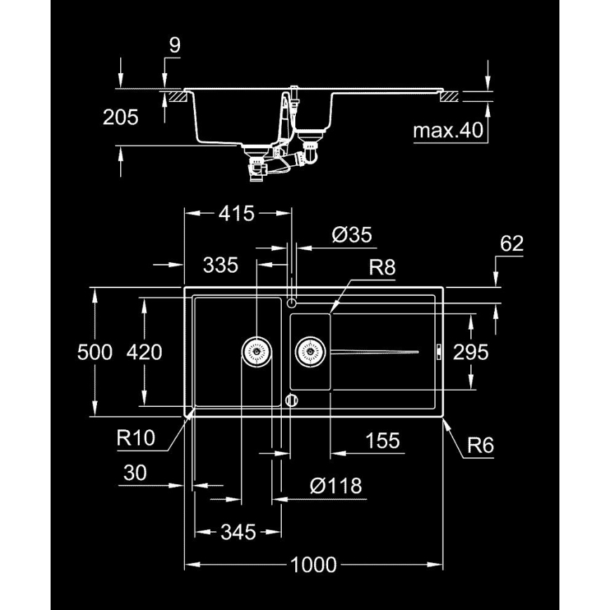 GROHE 31642AP0 - Fregadero K400 1000 × 500 mm granito/negro