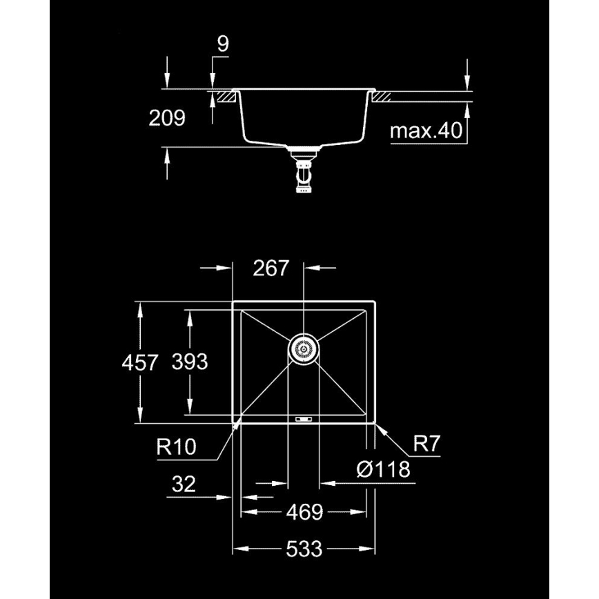 GROHE 31654AP0 - Fregadero K700U 533 × 457 mm, granito negro/negro