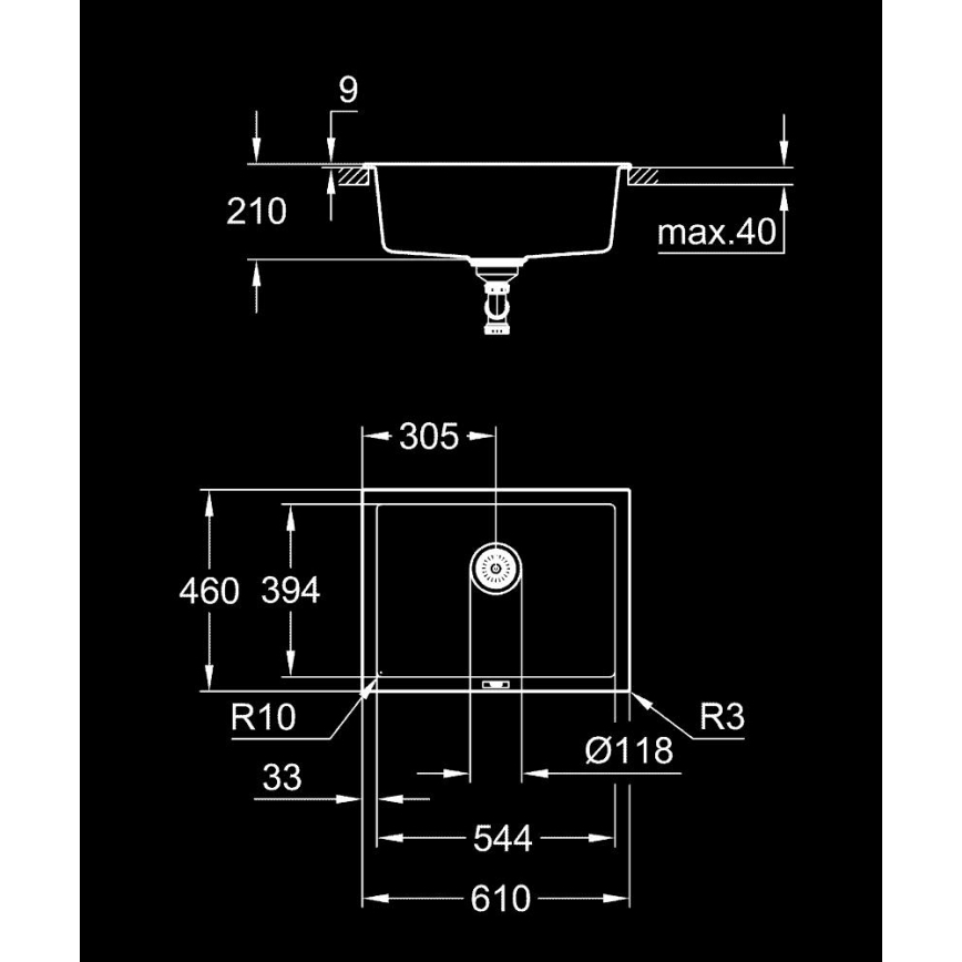 GROHE 31655AP0 - Fregadero de composite K700U 610 × 460 mm, negro