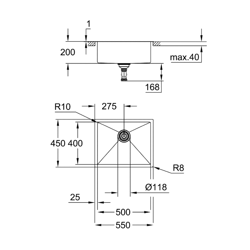 GROHE 31726SD0 - Fregadero de cocina K700 550 × 450 mm acero inoxidable