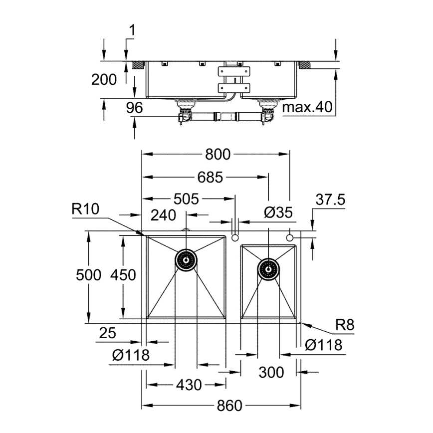 GROHE 31855SD0 - Fregadero de cocina K700 860 × 500 mm acero inoxidable