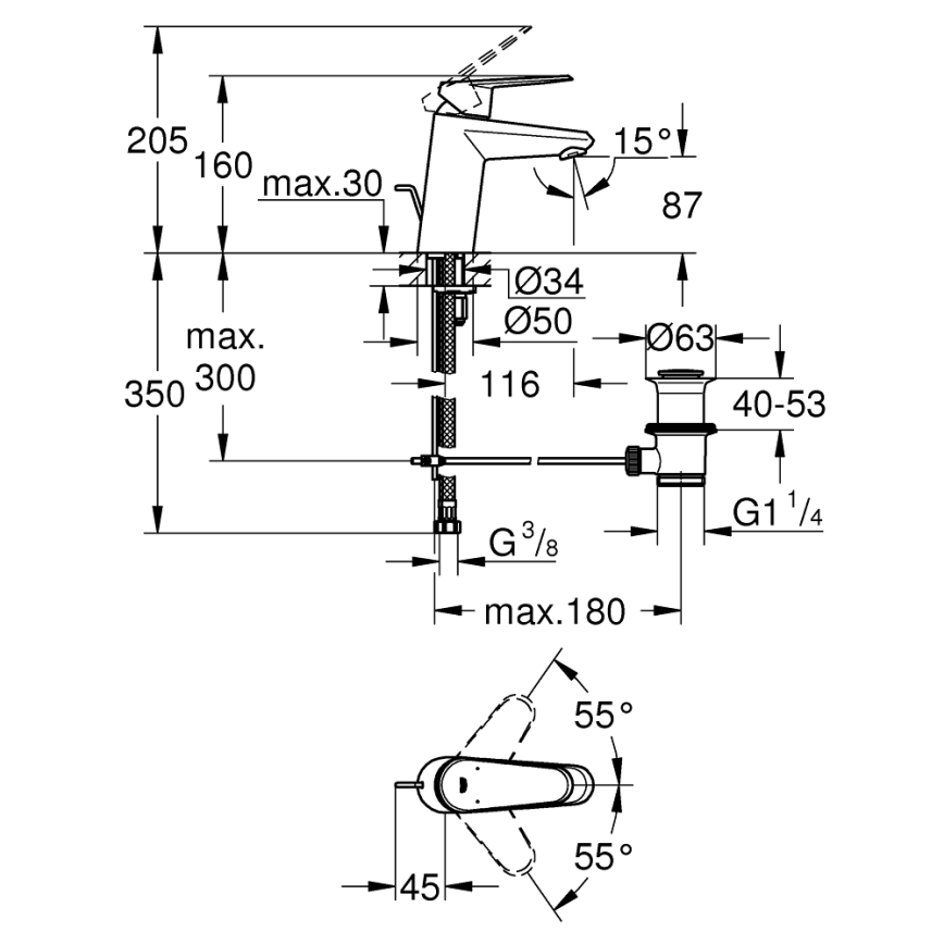 GROHE 3319020E - Grifo monomando para lavabo EURODISC COSMOPOLITAN, tamaño S, cromado