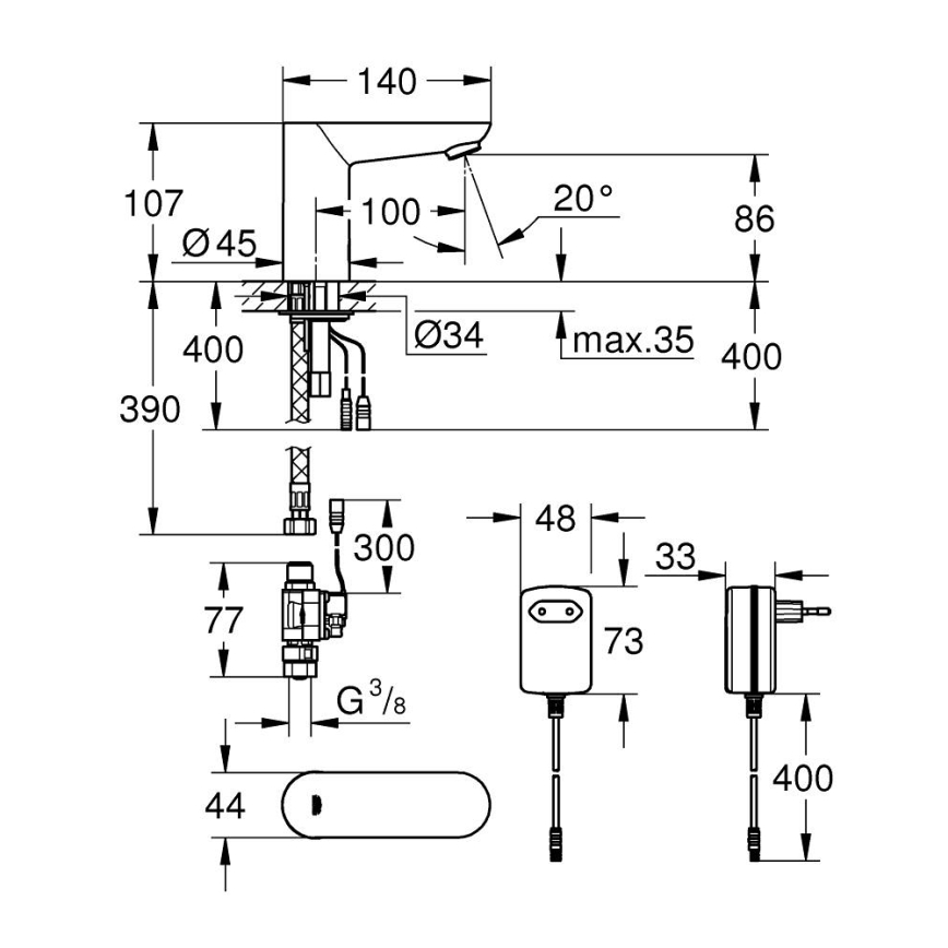 GROHE 36269000 - Grifo electrónico para lavabo EUROECO COSMOPOLITAN E 107 mm cromo