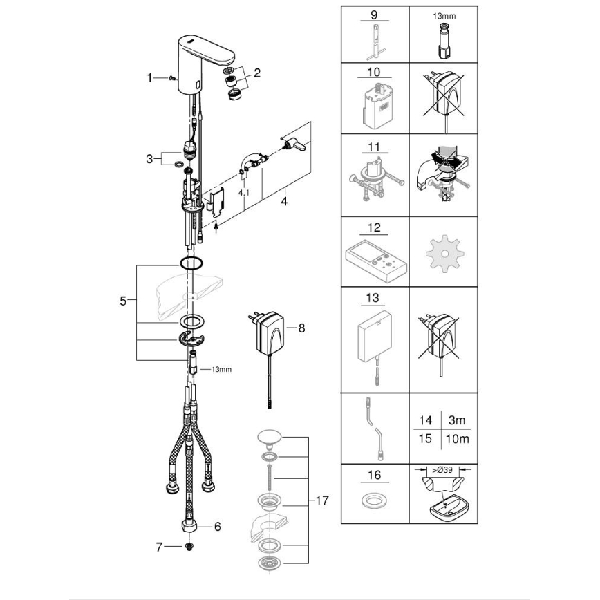 GROHE 36324001 - Grifo electrónico con sensor infrarrojo para lavabo EUROSMART COSMOPOLITAN E, cromado