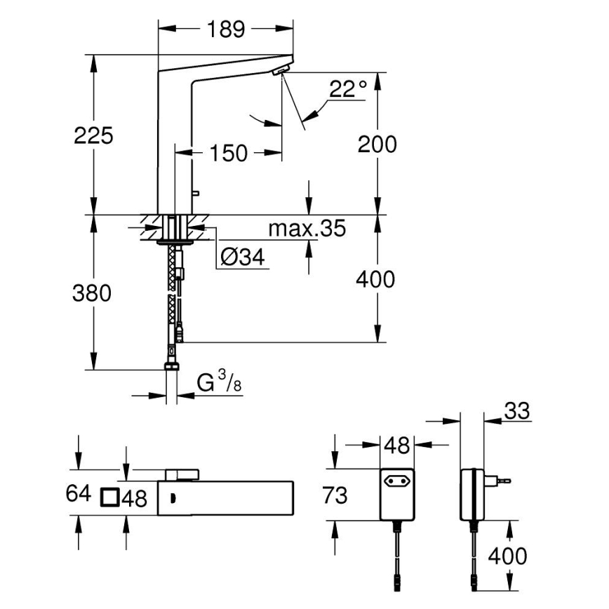 GROHE 36440000 - Grifo electrónico con sensor infrarrojo para lavabo EUROCUBE E DN 15 cromo