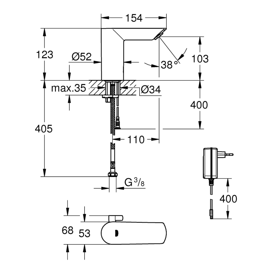 GROHE 36453000 - Grifo electrónico infrarrojo para lavabo BAU COSMOPOLITAN E 123 mm cromado