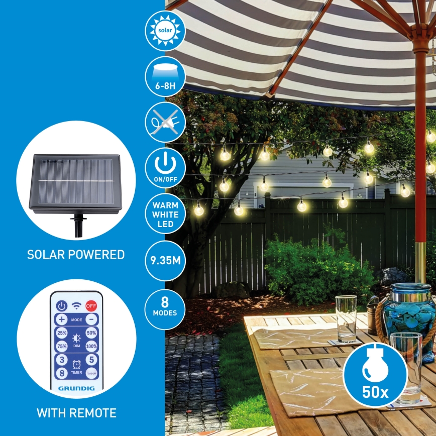 Grundig - Guirnalda solar LED regulable 50xLED/8 funciones 9,35 m blanco cálido 1200 mAh + mando a distancia