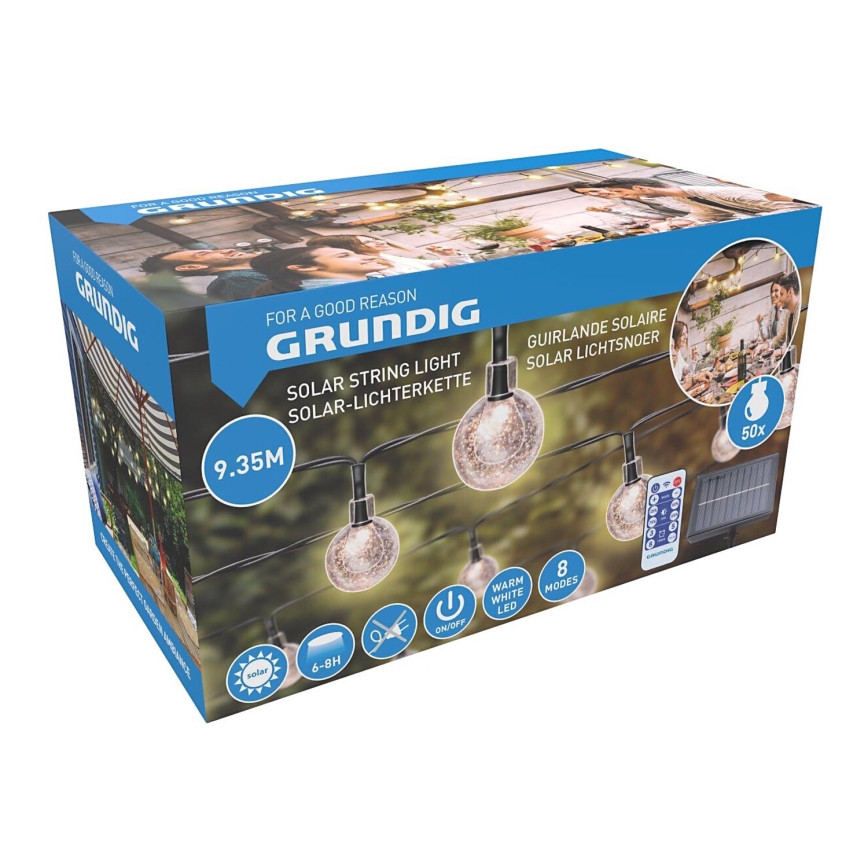 Grundig - Guirnalda solar LED regulable 50xLED/8 funciones 9,35 m blanco cálido 1200 mAh + mando a distancia