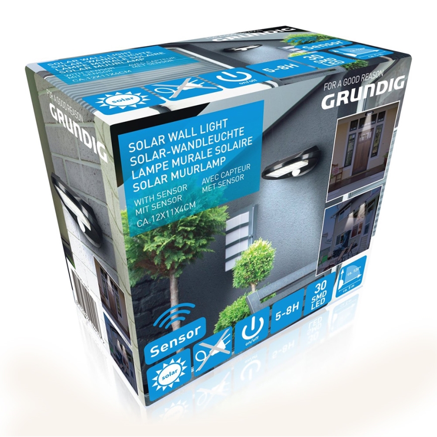 Grundig - Juego de 2 lámparas solares de pared LED con sensor de movimiento y crepúsculo LED/3,2V 600 mAh
