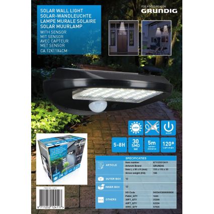 Grundig - Juego de 2 lámparas solares de pared LED con sensor de movimiento y crepúsculo LED/3,2V 600 mAh