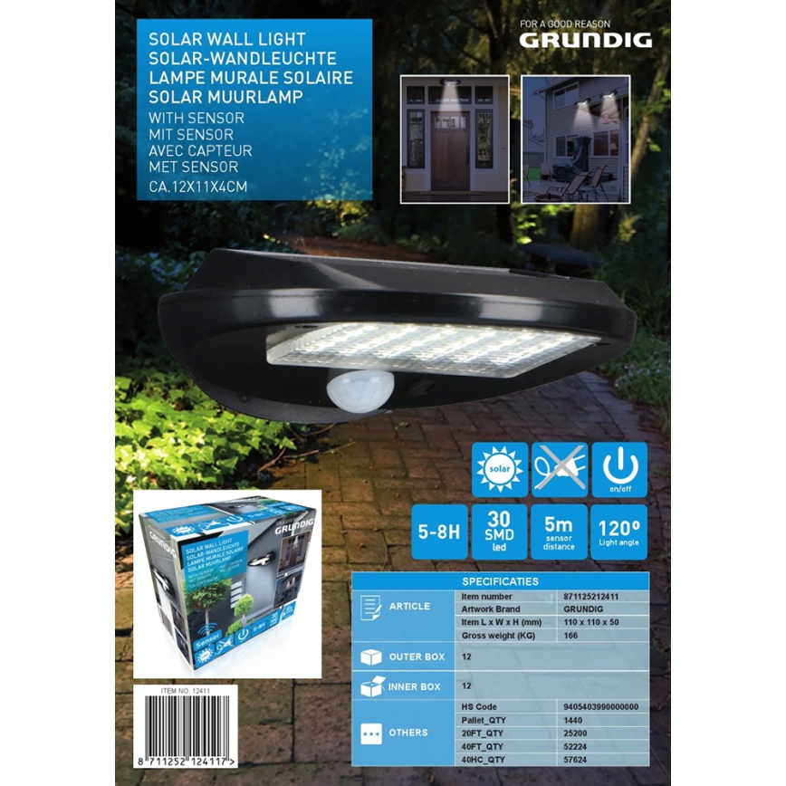 Grundig - Juego de 2 lámparas solares de pared LED con sensor de movimiento y crepúsculo LED/3,2V 600 mAh
