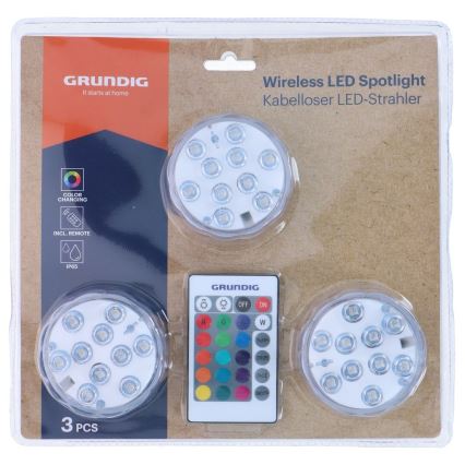 Grundig - Juego de 3 luminarias LED RGBW regulables LED/3W/3xAAA IP65 + mando a distancia