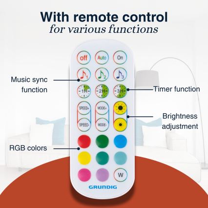 Grundig - Lámpara de pie LED regulable RGBW, 6 W, 230 V + mando a distancia