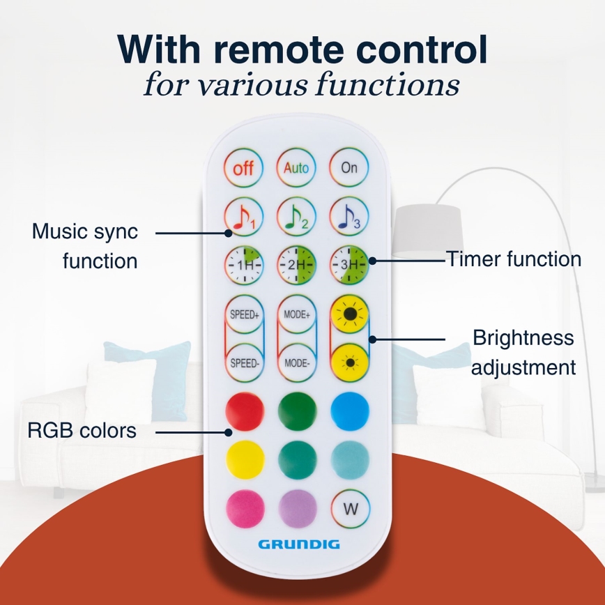 Grundig - Lámpara de pie LED regulable RGBW, 6 W, 230 V + mando a distancia