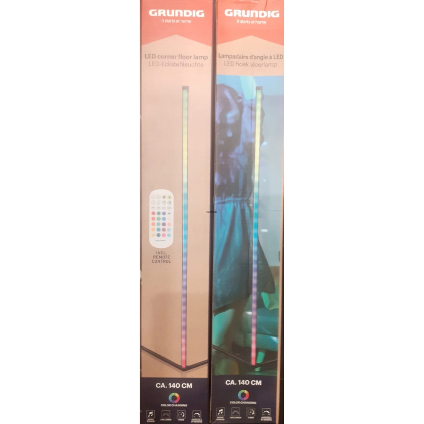 Grundig - Lámpara de pie LED regulable RGBW, 6 W, 230 V + mando a distancia