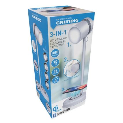 Grundig - Lámpara de mesa LED 3 en 1 con carga inalámbrica y altavoz LED/15W/5V
