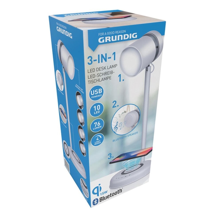 Grundig - Lámpara de mesa LED 3 en 1 con carga inalámbrica y altavoz LED/15W/5V