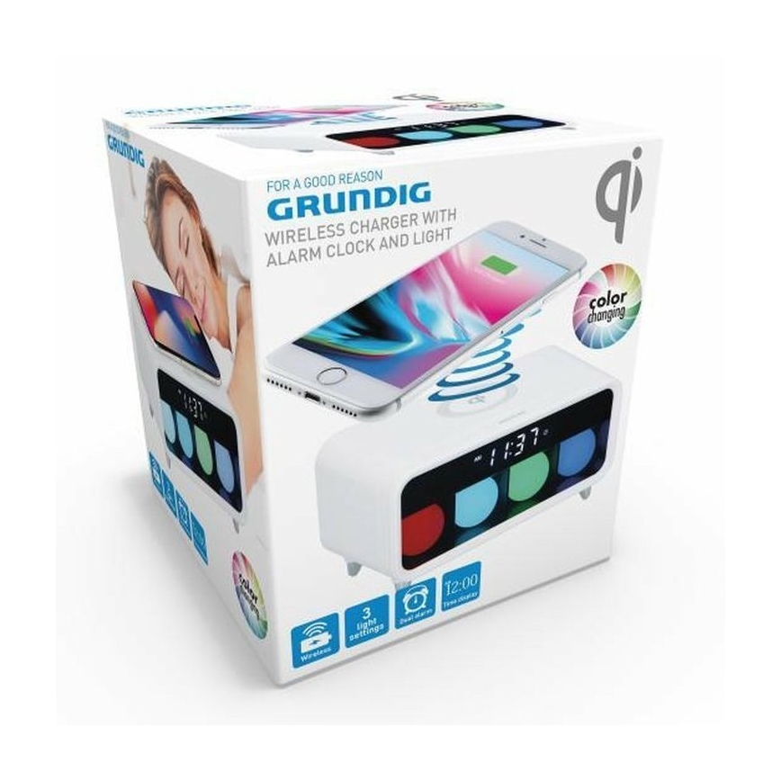 Grundig - Lámpara nocturna LED regulable con despertador y cargador inalámbrico LED/5W/230V