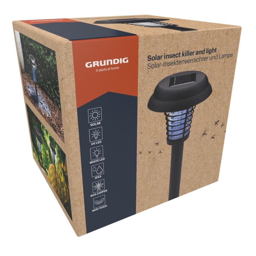 Grundig - Lámpara solar LED y trampa para insectos con LED UV/1xAA 600 mAh IPX4