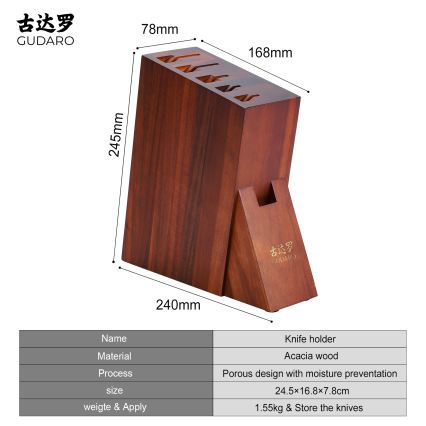 Gudaro - Bloque para cuchillos 25x25x10 cm AKIRA acacia