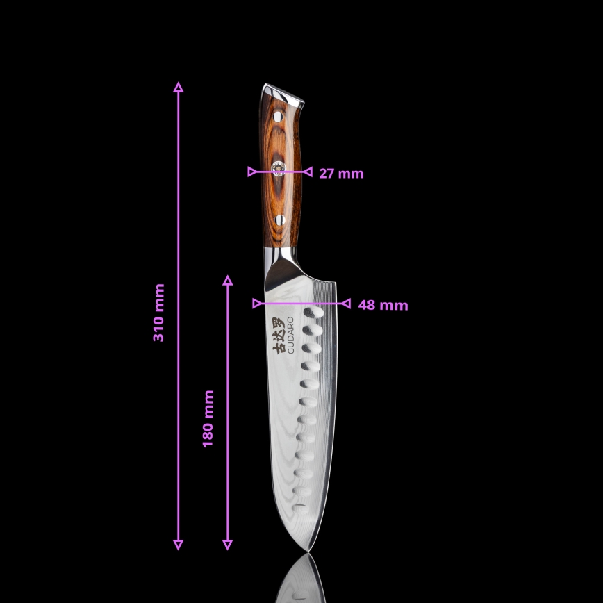 Gudaro - Cuchillo de cocina SANTOKU 17,5 cm acero de Damasco
