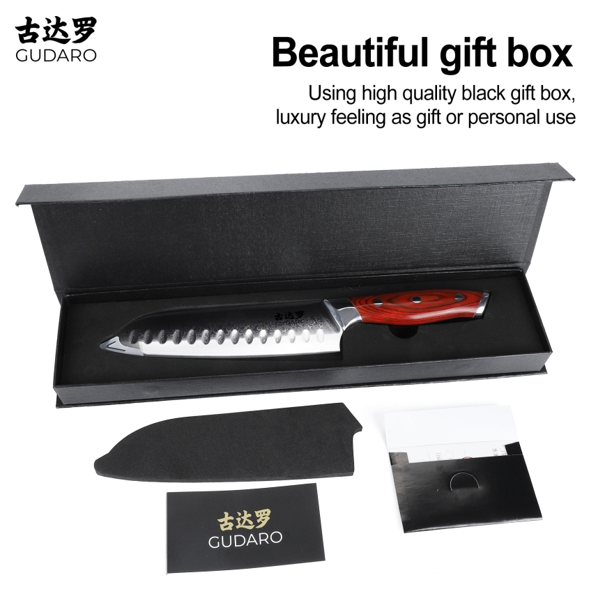 Gudaro - Cuchillo Santoku de cocina KENSHO 7, acero de Damasco de 67 capas, longitud de la hoja 17,5 cm