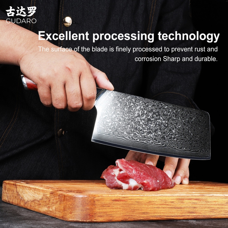 Gudaro - Hachuela de cocina KENSHO en acero Damasco 6,5, 67 capas de acero, longitud 16,2 cm