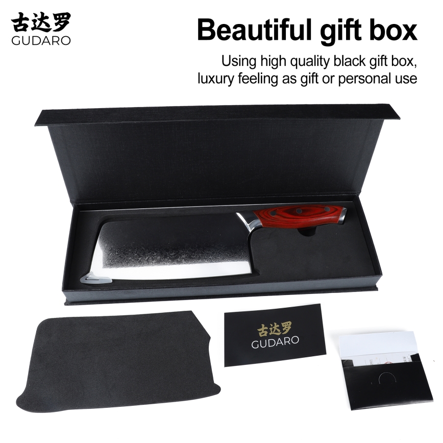 Gudaro - Hachuela de cocina KENSHO en acero Damasco 6,5, 67 capas de acero, longitud 16,2 cm