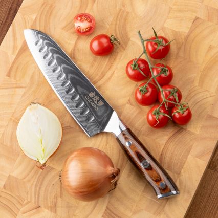 Gudaro - SET 2x cuchillo Santoku de Damasco FENG 7,5, 67 capas de acero, longitud 18 cm + 1x GRATIS cuchillo de cocina de Damasco FENG 3,5, 67 capas de acero, longitud 9,5 cm