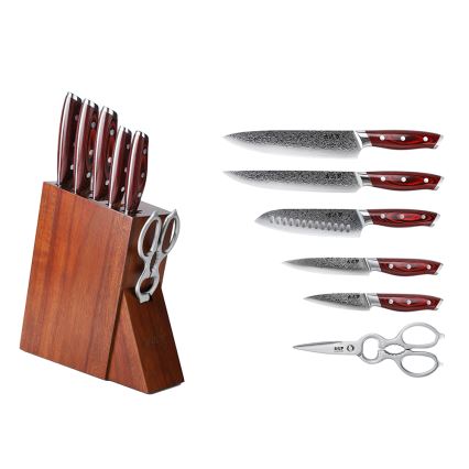 Gudaro - Set de cuchillos de cocina en bloque KENSHO, 7 piezas, madera de acacia