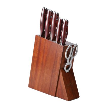 Gudaro - Set de cuchillos de cocina en bloque KENSHO, 7 piezas, madera de acacia