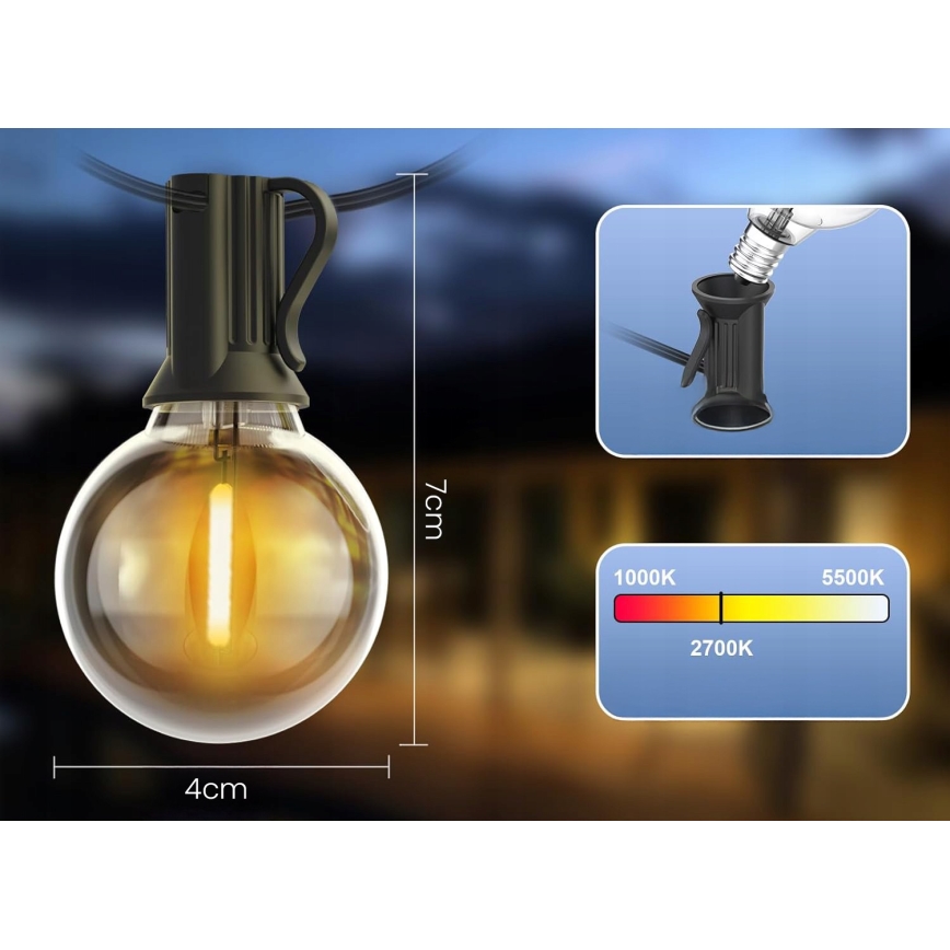 Guirnalda LED decorativa para exterior 20xE12/1W/230V 20 m IP65 negra