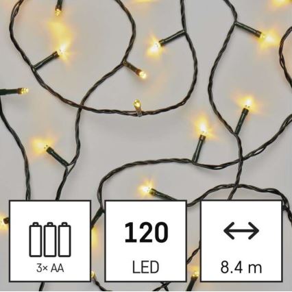 Guirnalda LED para exterior, 120 LEDs, 3×AA, 8,9 m, IP44, blanco cálido