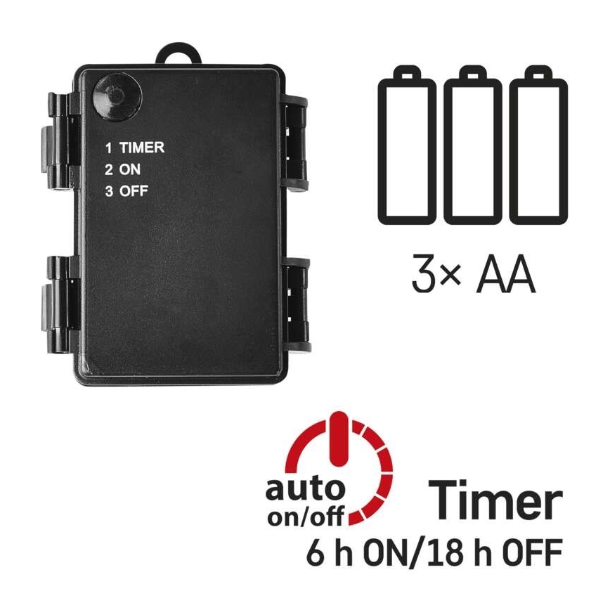 Guirnalda LED para exterior, 120 LEDs, 3×AA, 8,9 m, IP44, blanco cálido