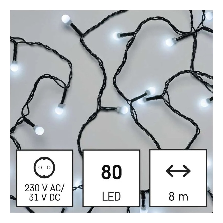 Guirnalda navideña LED para exterior, 80 LEDs, 8 funciones, 13 m, blanco frío, IP44