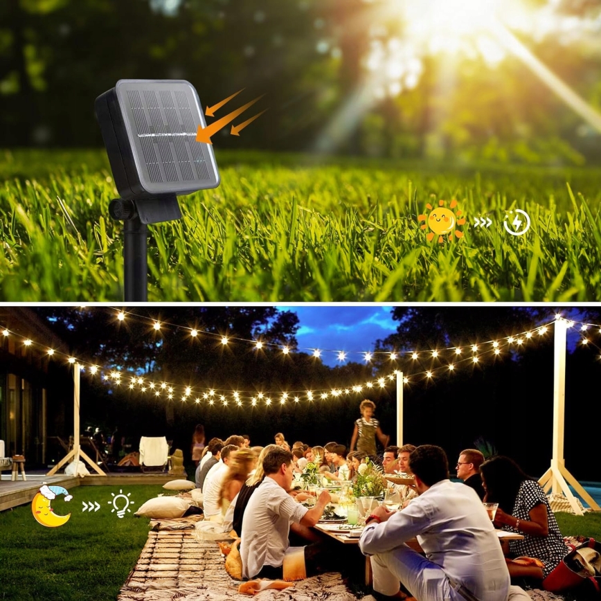 Guirnalda solar decorativa LED, 20 LEDs, 8 funciones, 500 mAh, 7,6 m, IP67, blanco cálido