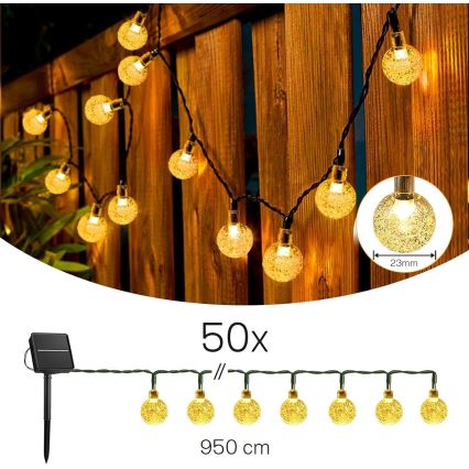 Guirnalda solar decorativa LED, 50 LEDs / 8 funciones, 500 mAh, 9,5 m, IP67, blanco cálido