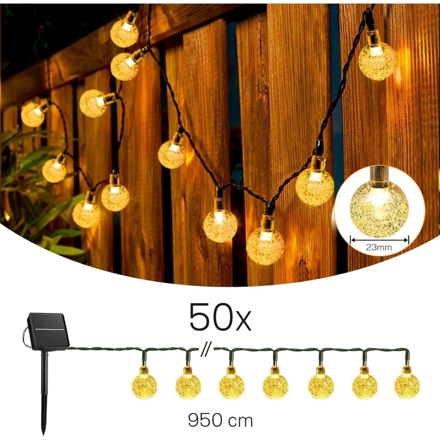 Guirnalda solar decorativa LED, 50 LEDs / 8 funciones, 500 mAh, 9,5 m, IP67, blanco cálido