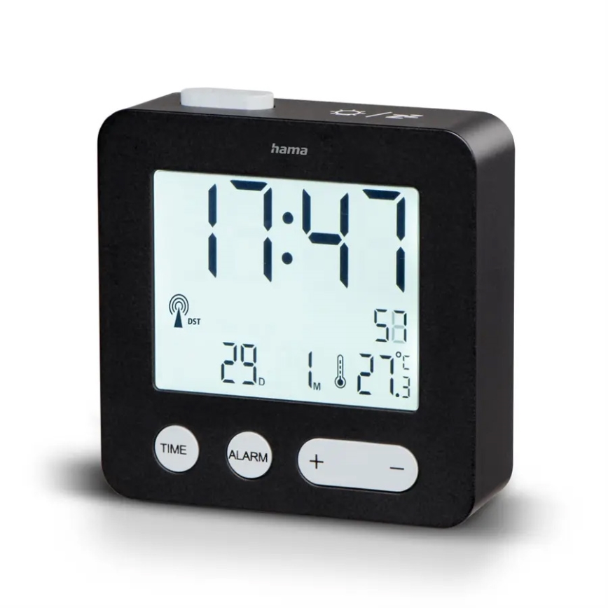 Hama - Reloj despertador con pantalla LCD y termómetro 2xAAA negro