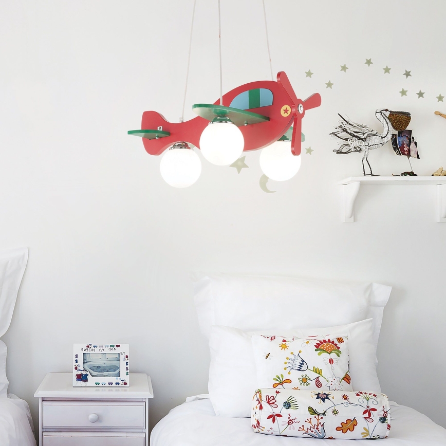 Ideal Lux - Lámpara colgante infantil AVION 3xE27/28W/230V rojo