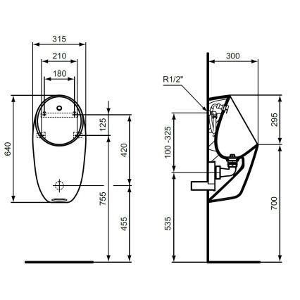 Ideal Standard E253701 - Urinario I.LIFE, conexión trasera y desagüe trasero, cerámica/blanco