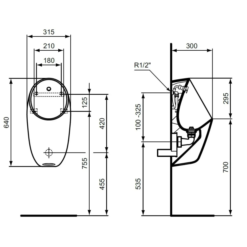 Ideal Standard E253701 - Urinario I.LIFE, conexión trasera y desagüe trasero, cerámica/blanco