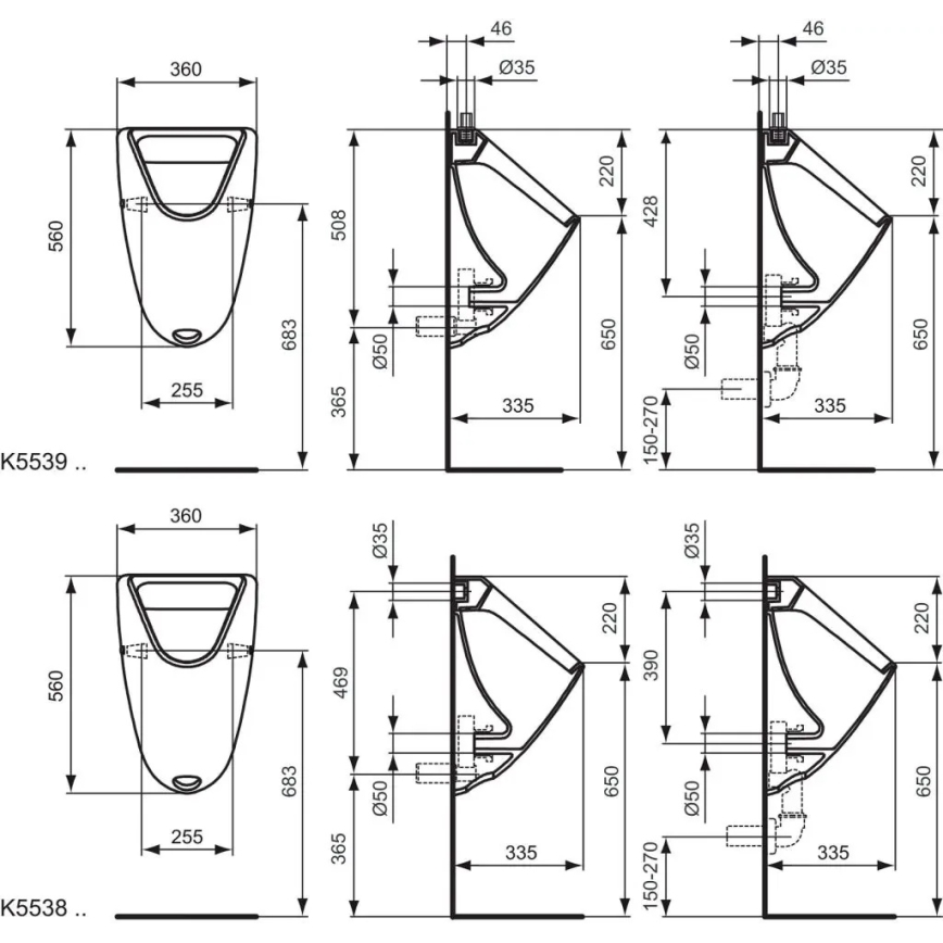 Ideal Standard K553901 - Urinario EUROVIT con entrada superior y desagüe trasero, cerámica/blanco