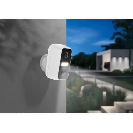 Cámara exterior inteligente 2K con sensor de movimiento, batería de 9600 mAh, IP65, Wi‑Fi Tuya, blanca