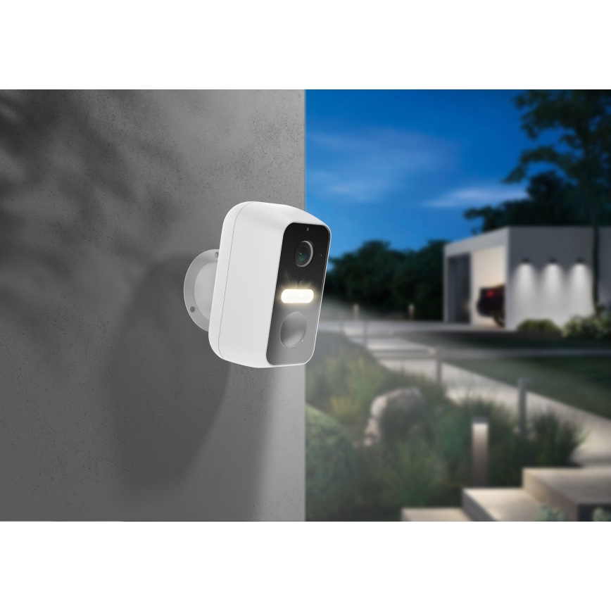 Cámara exterior inteligente 2K con sensor de movimiento, batería de 9600 mAh, IP65, Wi‑Fi Tuya, blanca