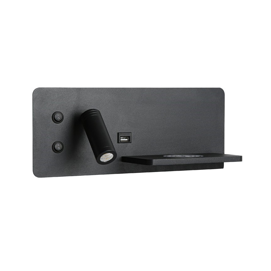 Immax 08287L - Foco LED de pared con estante, puerto USB y carga inalámbrica Be PREPARE LED/3W/230V + LED/3W negro