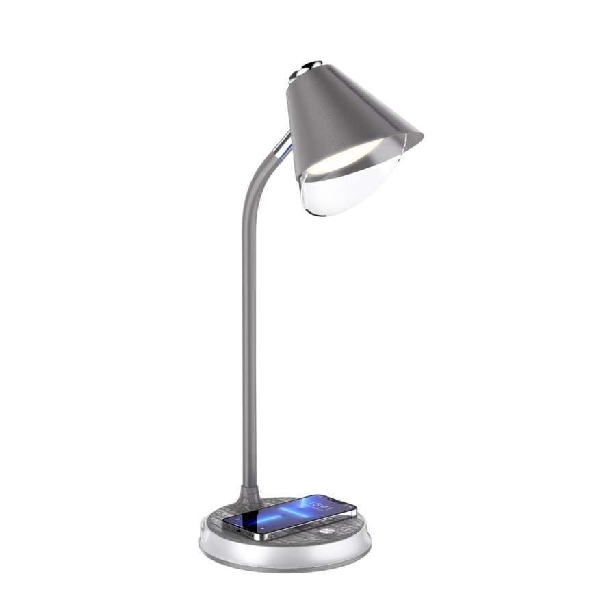 Lámpara de mesa LED regulable con cargador inalámbrico FINCH LED/9W/12/230V gris/cromo brillante
