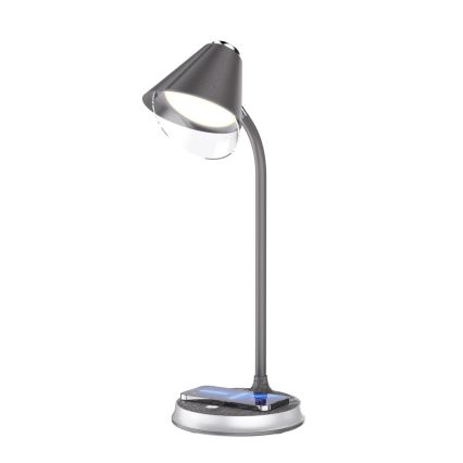 Lámpara de mesa LED regulable con cargador inalámbrico FINCH LED/9W/12/230V gris/cromo brillante