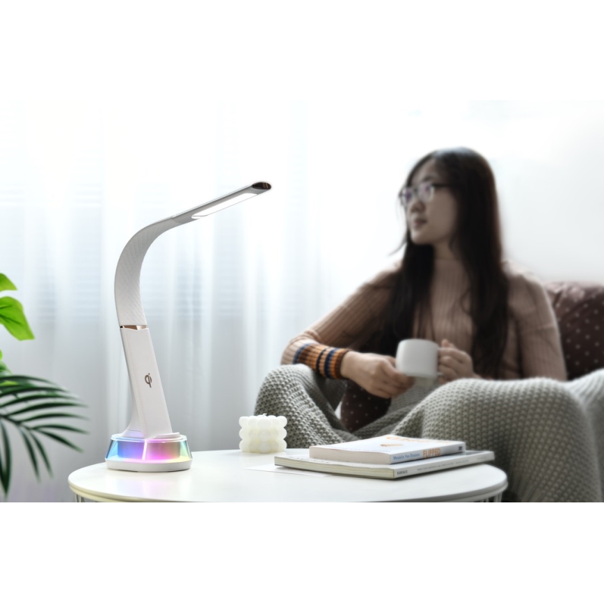 Lámpara de mesa LED RGB regulable con cargador inalámbrico CORELLA LED/7W/12/230V blanco