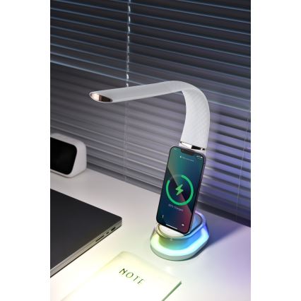 Lámpara de mesa LED RGB regulable con cargador inalámbrico CORELLA LED/7W/12/230V blanco